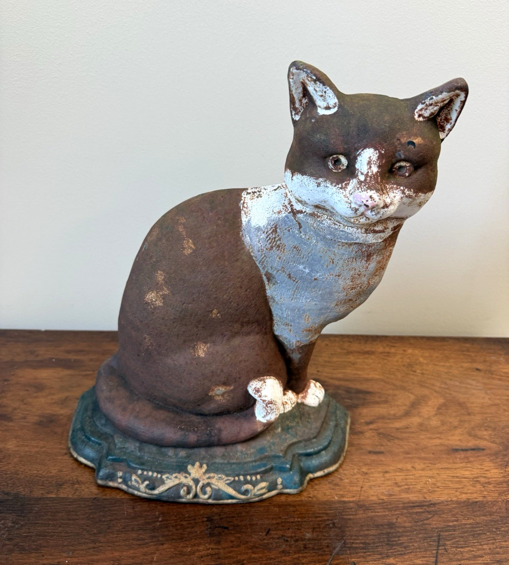 Antique Cast Iron Cat Doorstop Painted Tuxedo Glass Eye Sockets 11.75"